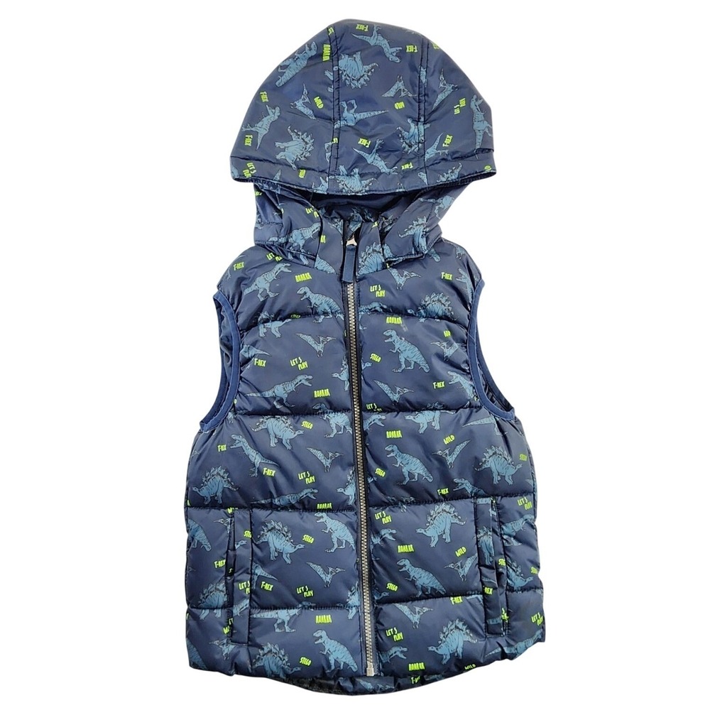 H&M Boys 6X/7 Navy Blue Dinosaur Puffer Vest Hooded Zip Up Jurassic Gorpcore Kid
